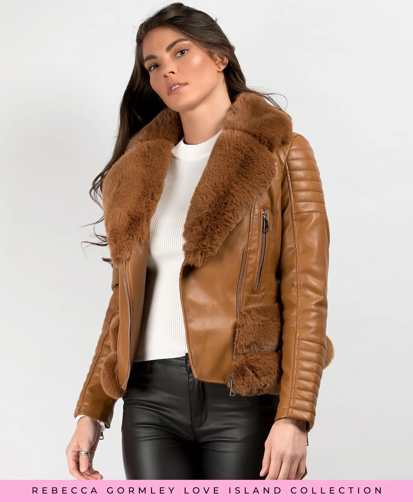 Tan Faux Fur Trim PU PVC Belted Biker Jacket