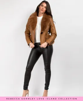 Tan Faux Fur Trim PU PVC Belted Biker Jacket