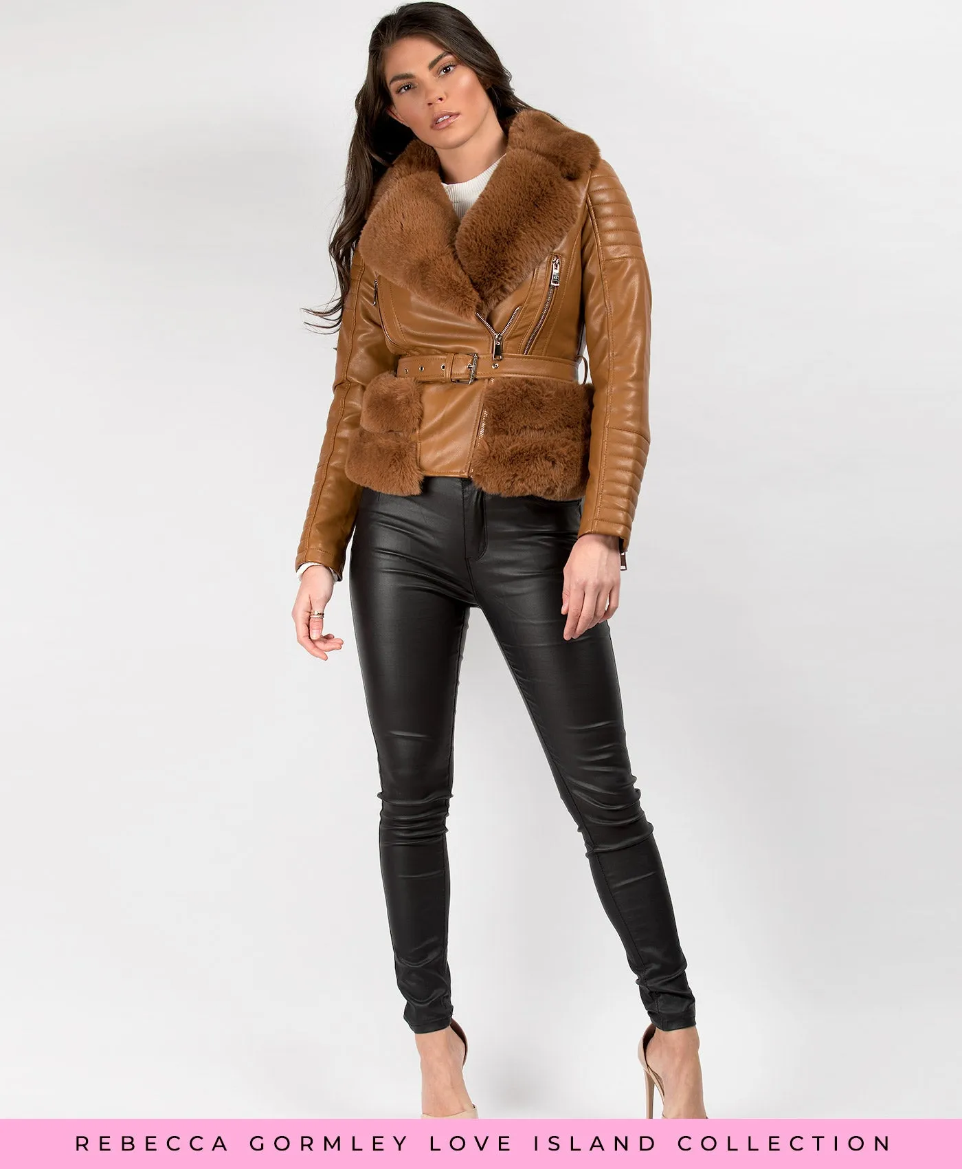 Tan Faux Fur Trim PU PVC Belted Biker Jacket