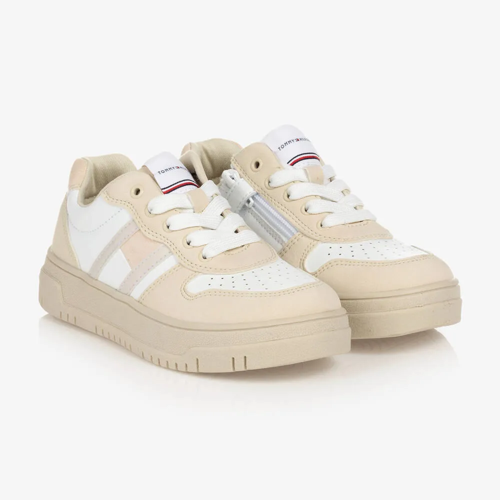 Teen Beige & White Faux Leather Logo Trainers