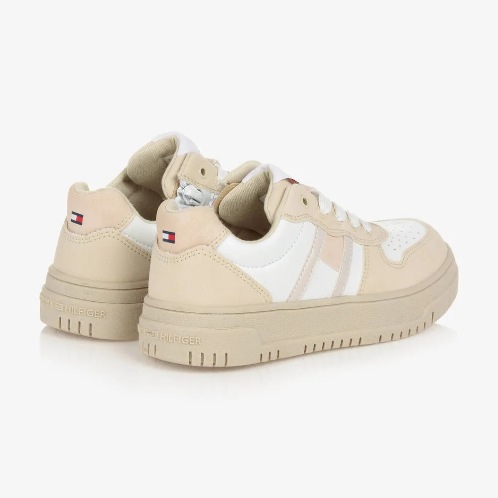 Teen Beige & White Faux Leather Logo Trainers