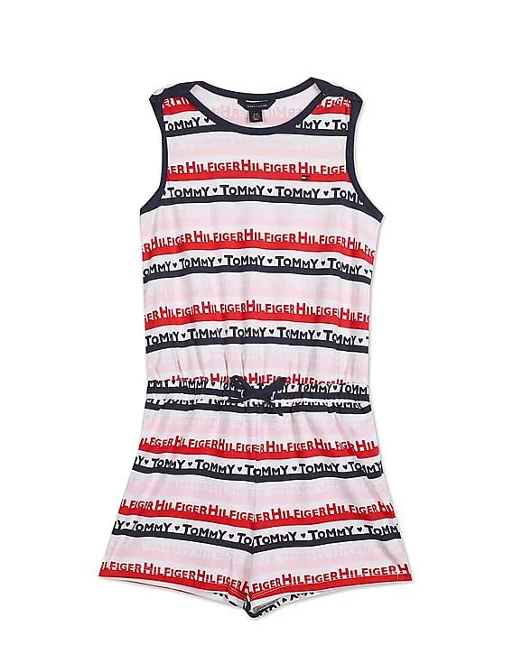 Tommy Hilfiger Kids Girls White And Red Sleeveless Brand Print Romper