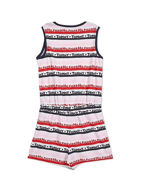 Tommy Hilfiger Kids Girls White And Red Sleeveless Brand Print Romper