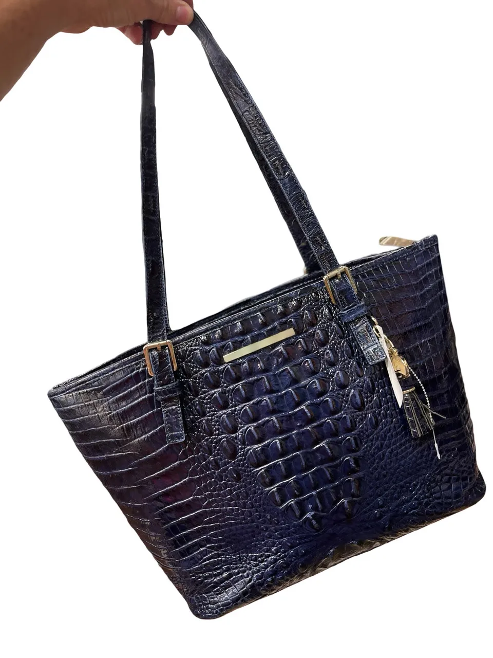 Used Brahmin Large Navy Leather Handbag 60066-S000693280