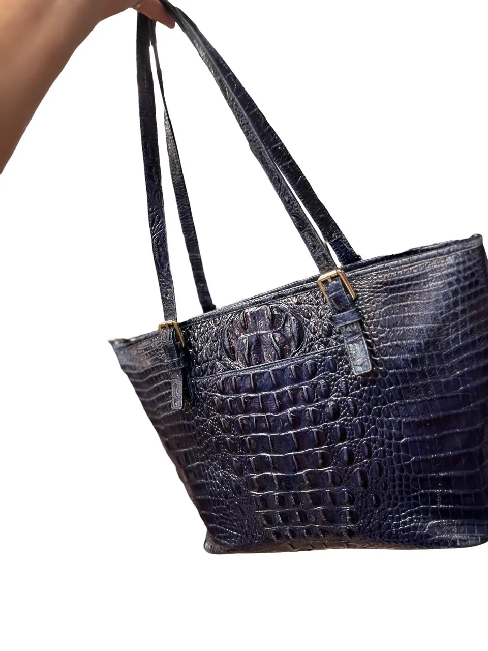 Used Brahmin Large Navy Leather Handbag 60066-S000693280