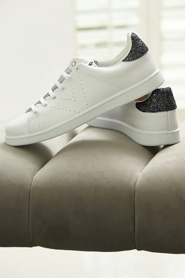 Victoria Cava Black Glitter Back White Leather Trainers