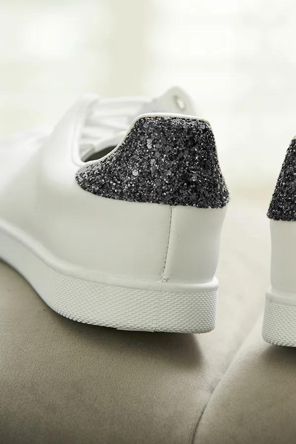 Victoria Cava Black Glitter Back White Leather Trainers