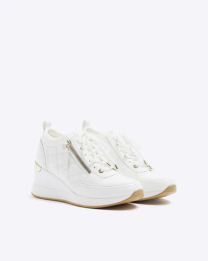 White Quilted Side Zip Wedge Trainers