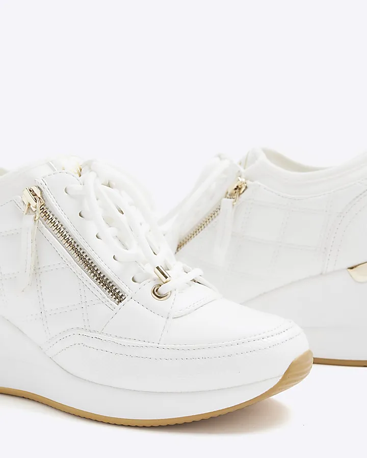 White Quilted Side Zip Wedge Trainers