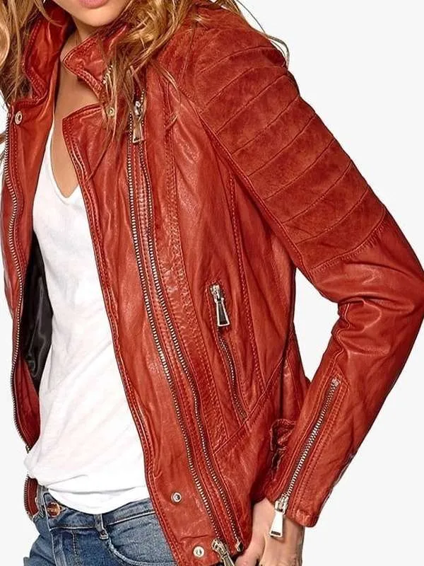 Women Classic Double Zipper Biker Brown Real Leather Jacket