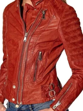 Women Classic Double Zipper Biker Brown Real Leather Jacket