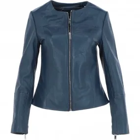 Women's Collarless Leather Fashion Jacket Navy: AWL-284