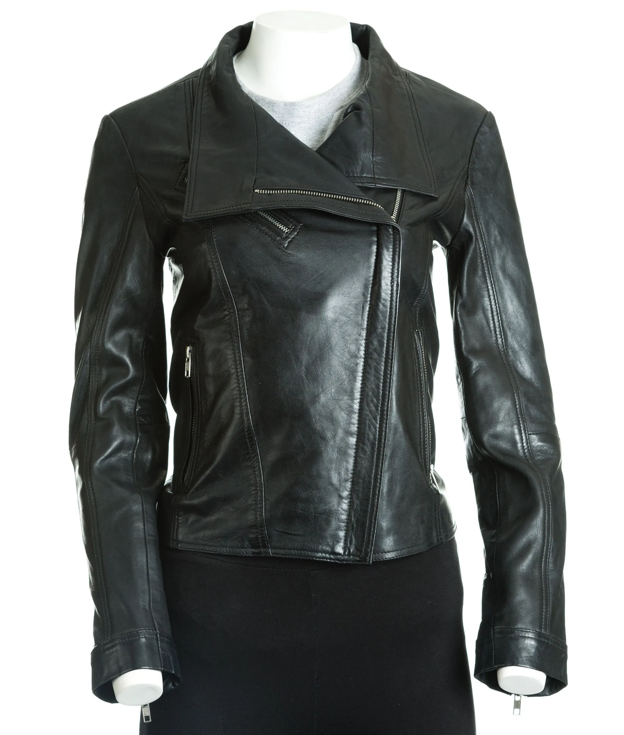 Women's Asymmetric Collar Leather Biker Style Jacket: Bernadetta