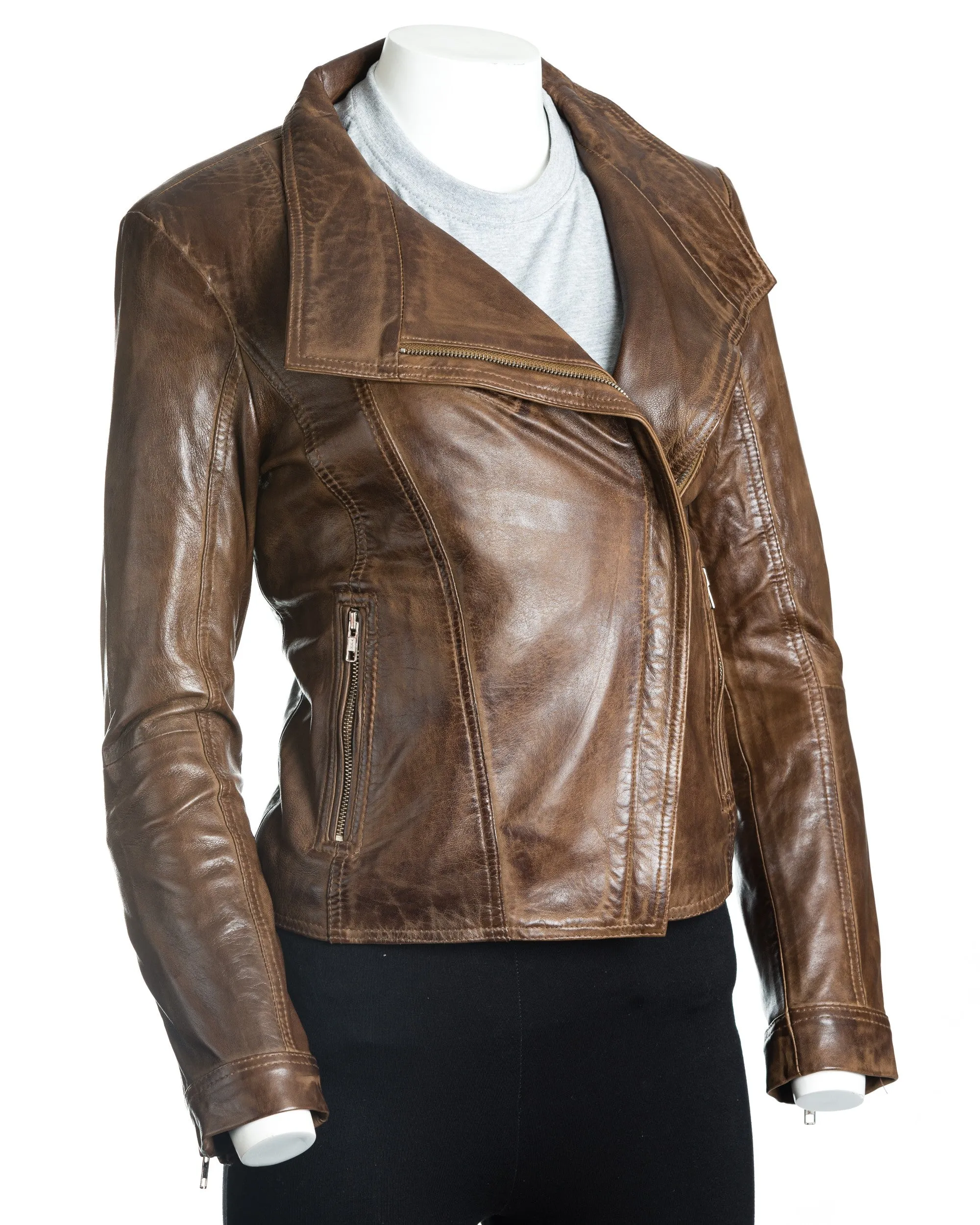 Women's Asymmetric Collar Leather Biker Style Jacket: Bernadetta