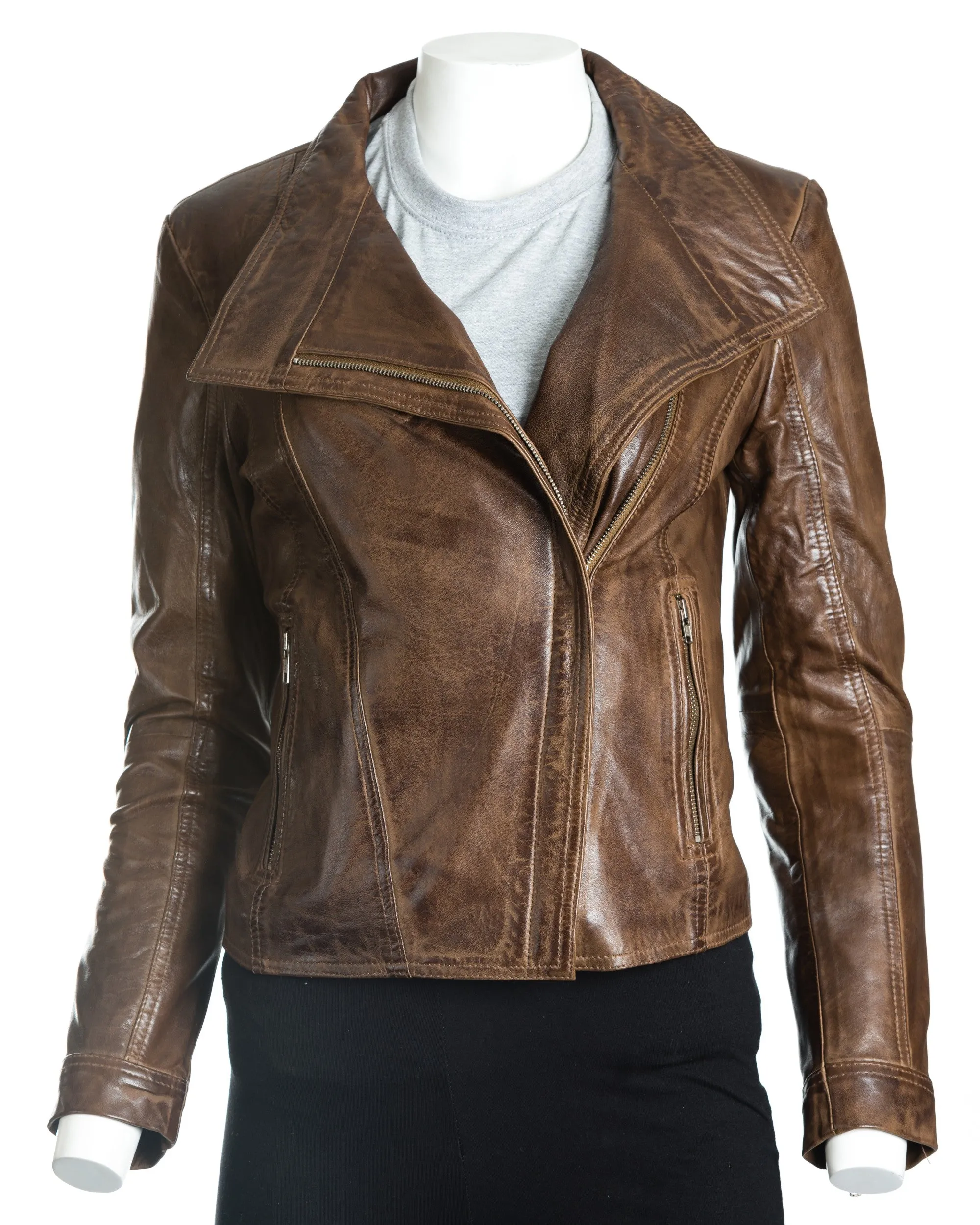 Women's Asymmetric Collar Leather Biker Style Jacket: Bernadetta