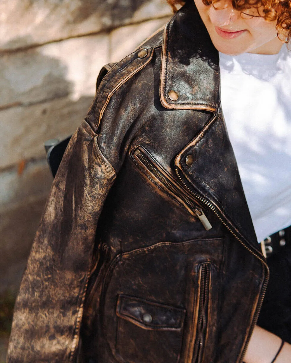 Women's black/beige biker style leather jacket carmen