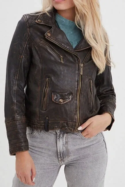 Women's black/beige biker style leather jacket carmen