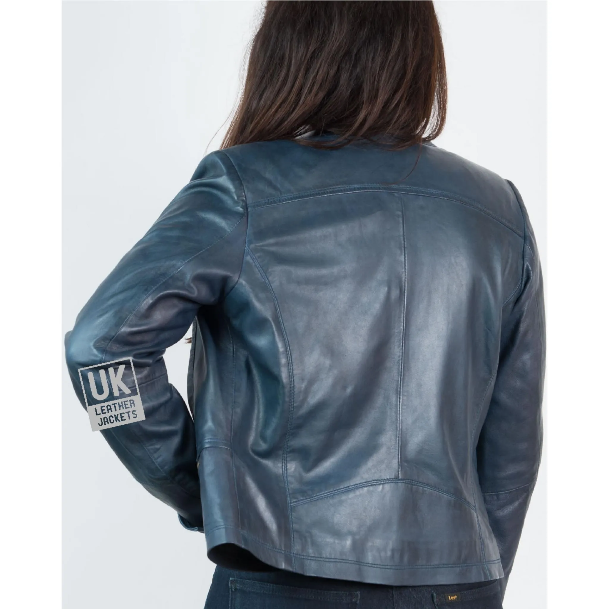 Womens Collarless Leather Jacket in Blue - Kilder | Free UK Delivery