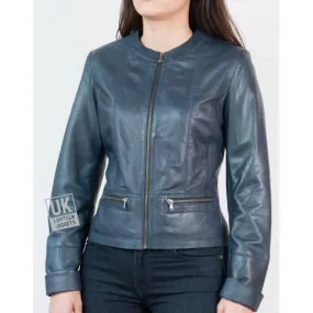 Womens Collarless Leather Jacket in Blue - Kilder | Free UK Delivery