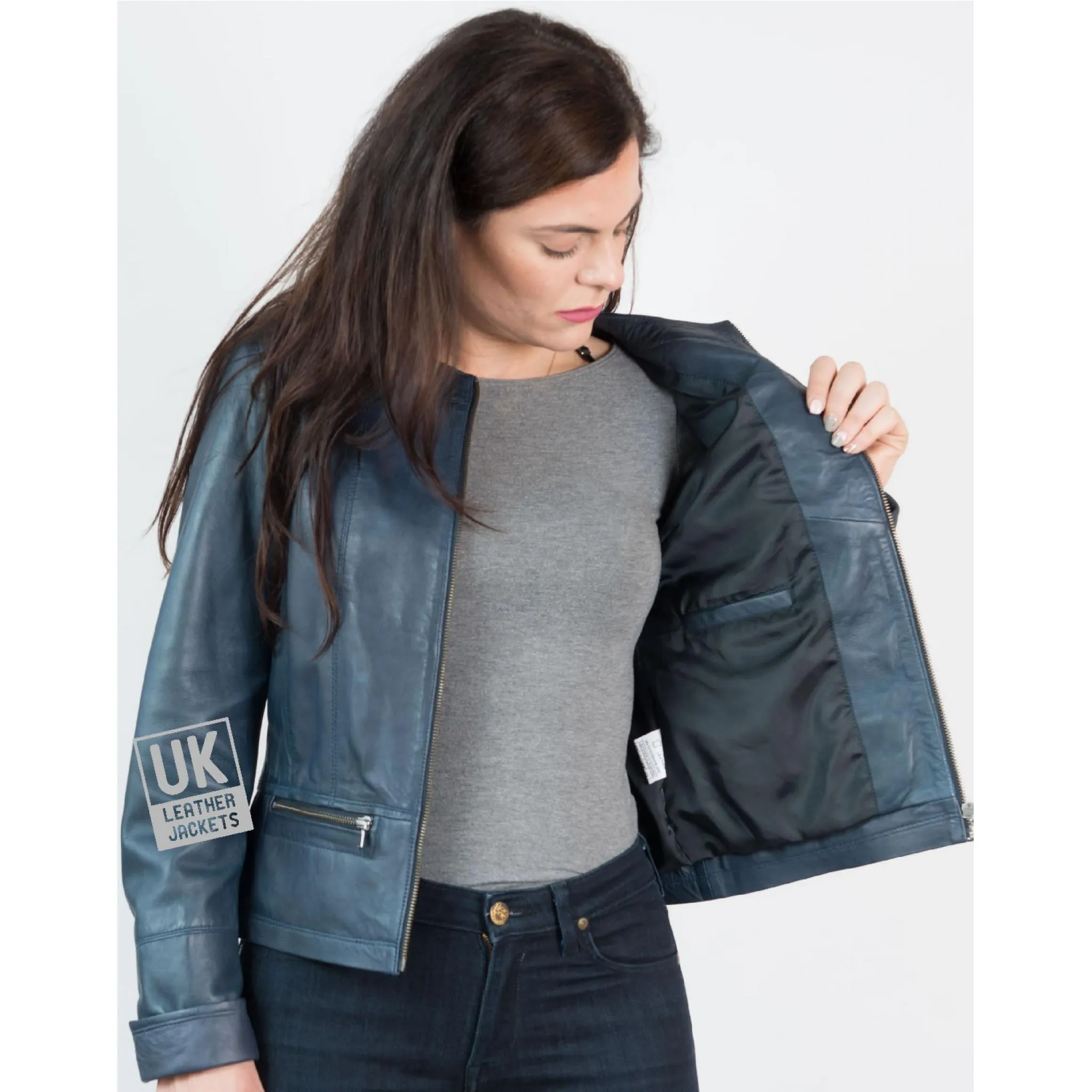 Womens Collarless Leather Jacket in Blue - Kilder | Free UK Delivery