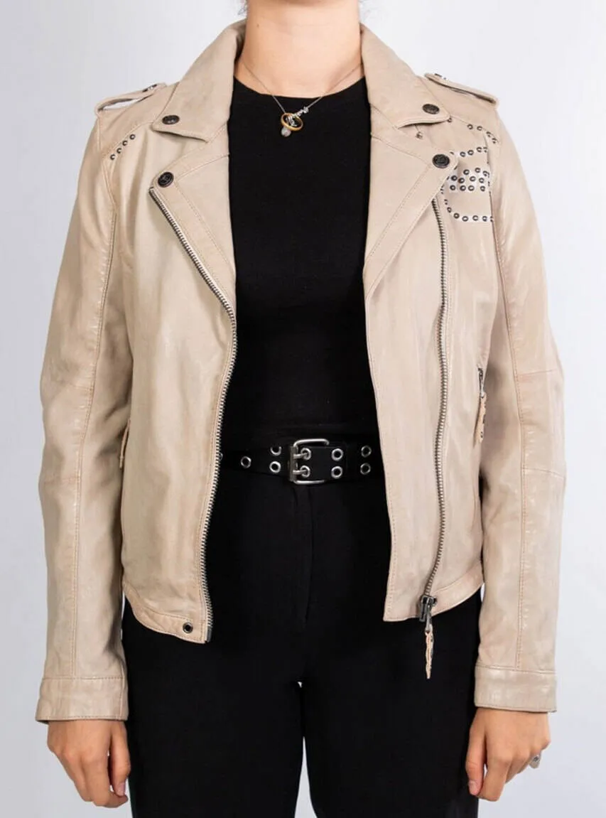 Women's ecru leather jacket in rose garden biker style lacosta