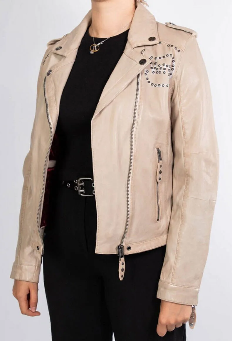 Women's ecru leather jacket in rose garden biker style lacosta