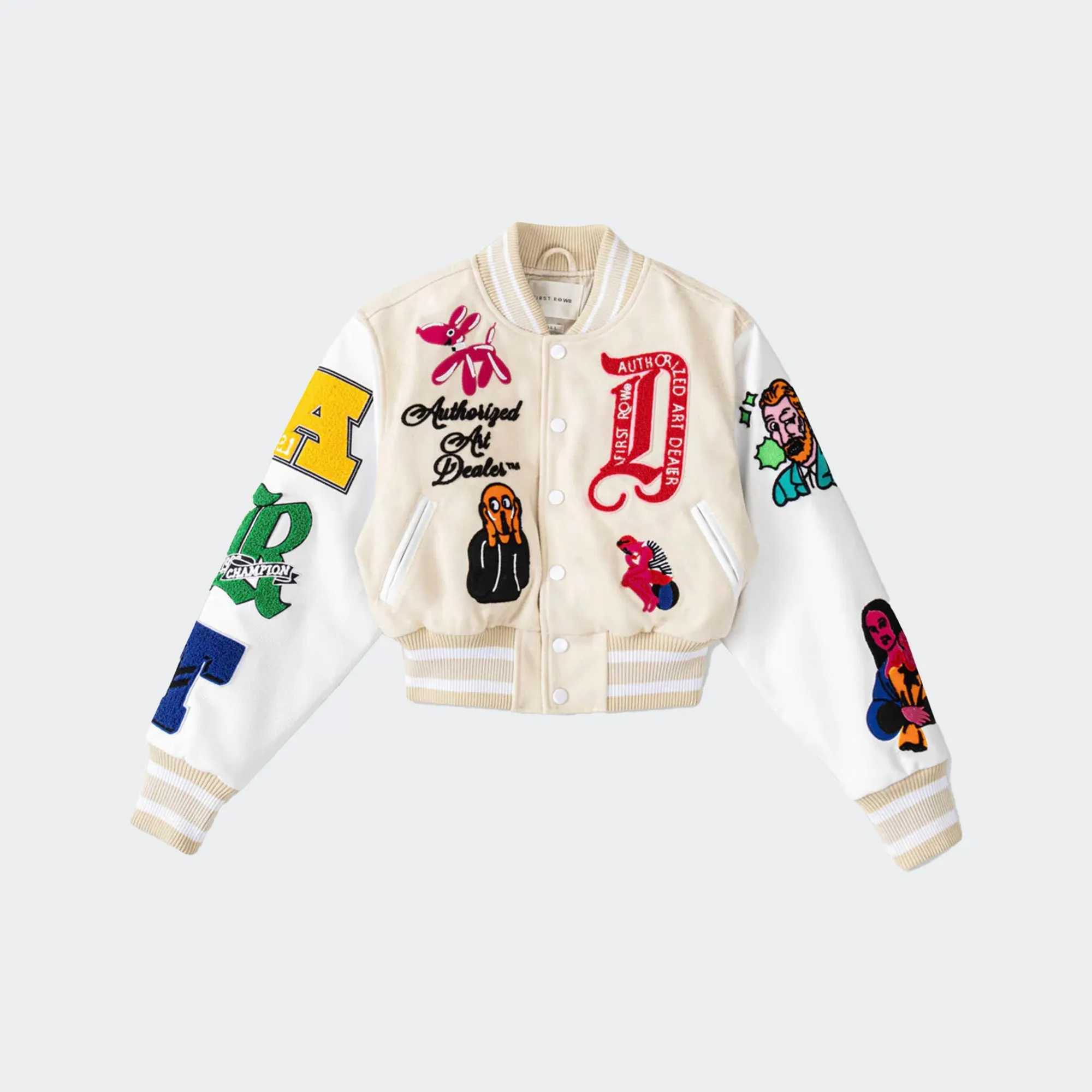 Women's First Row Art Dealer Graphic Cropped Varsity Jacket Cream