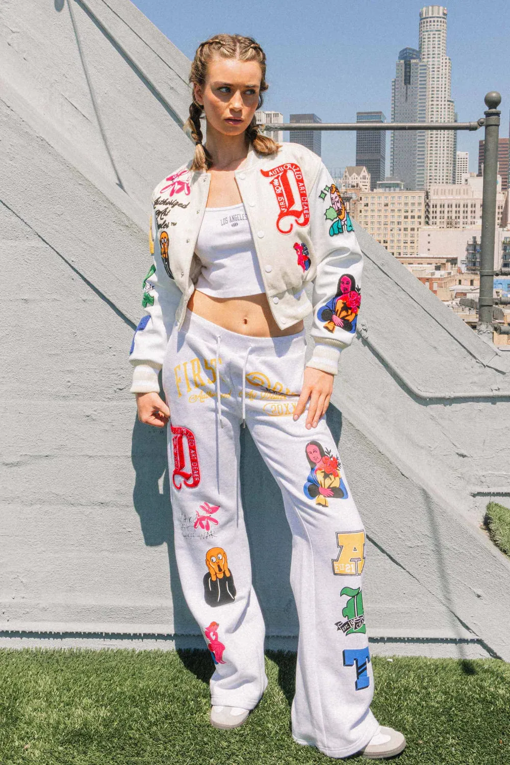 Women's First Row Art Dealer Graphic Cropped Varsity Jacket Cream