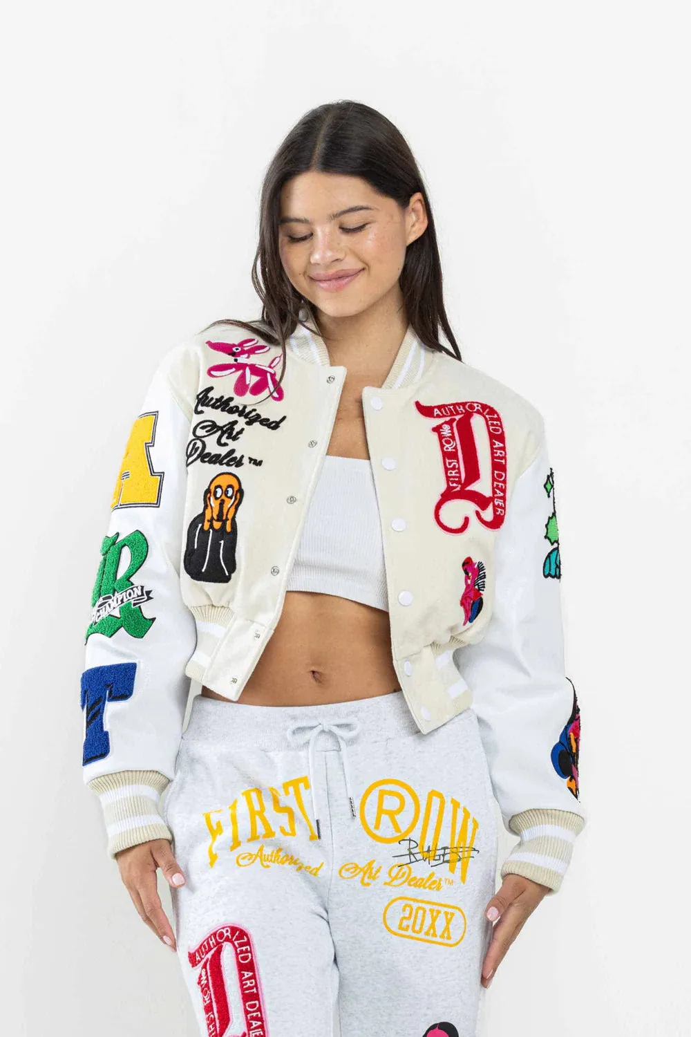 Women's First Row Art Dealer Graphic Cropped Varsity Jacket Cream