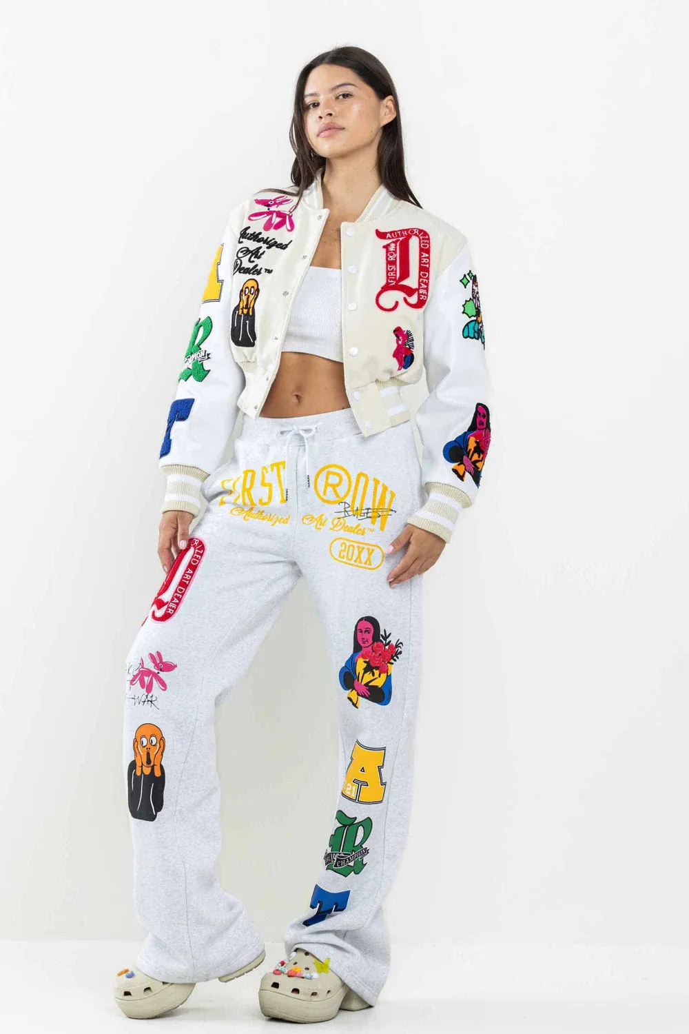 Women's First Row Art Dealer Graphic Cropped Varsity Jacket Cream