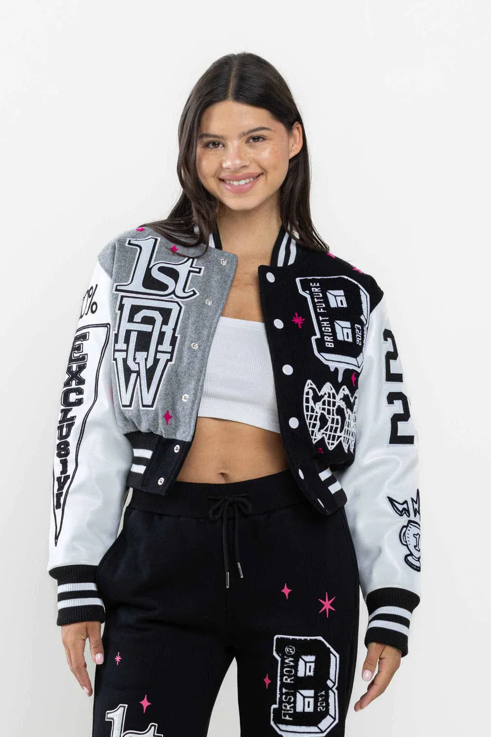 Women's First Row Bright Future Cropped Varsity Jacket Black