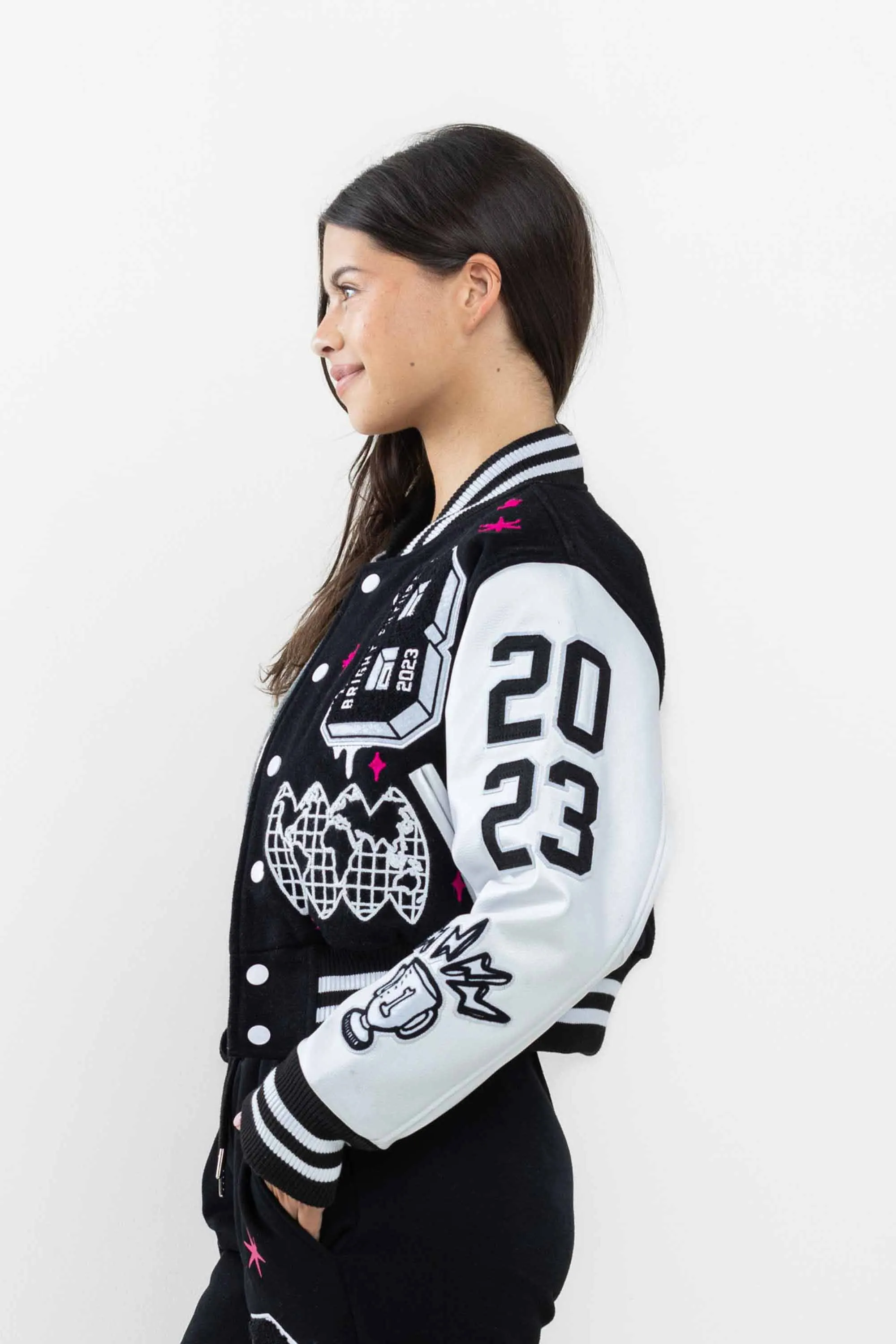 Women's First Row Bright Future Cropped Varsity Jacket Black