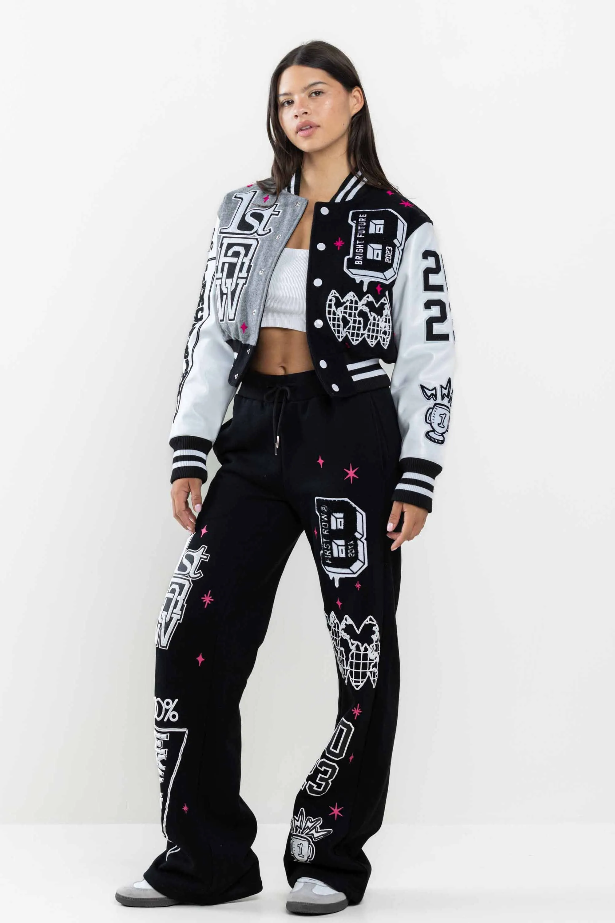 Women's First Row Bright Future Cropped Varsity Jacket Black