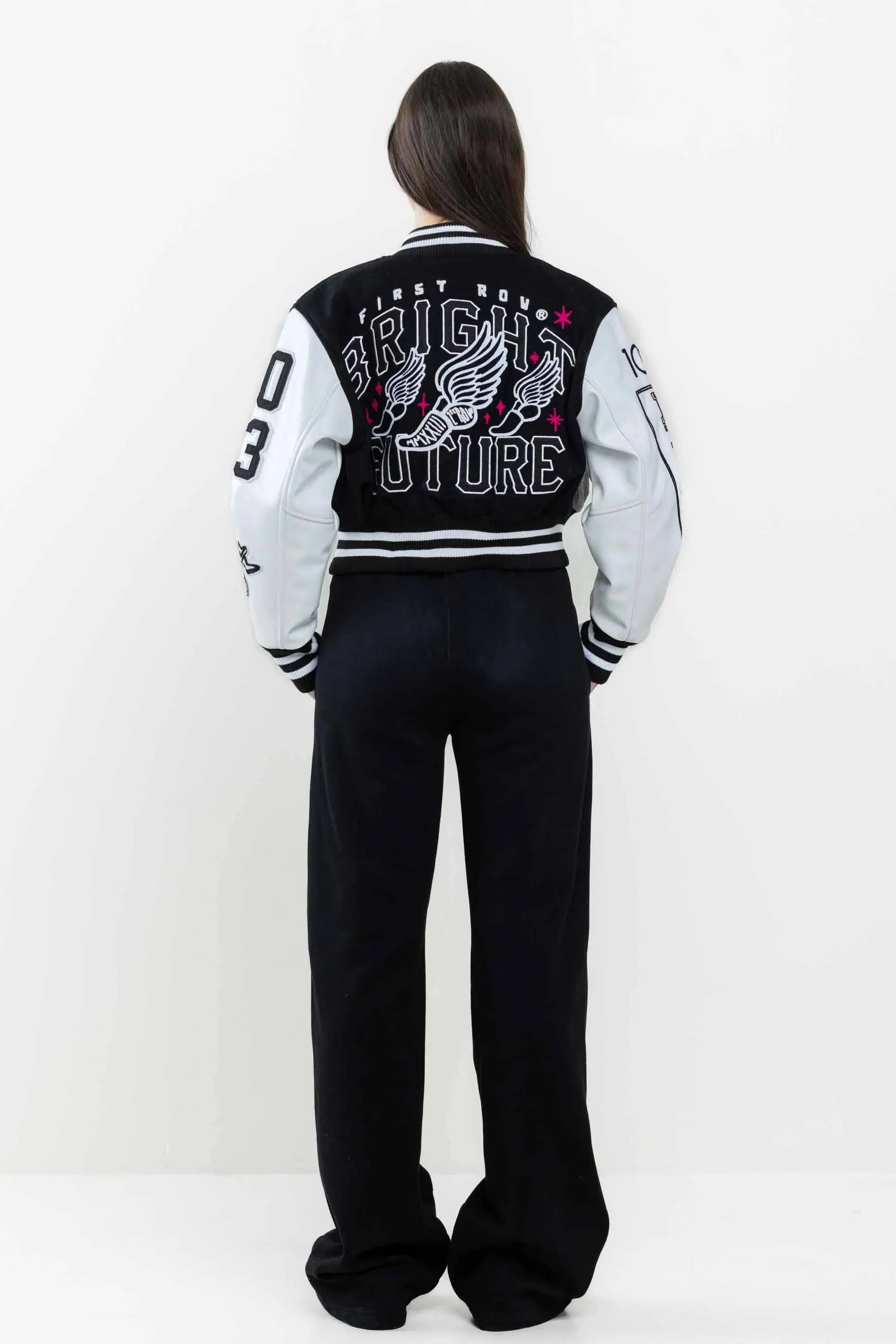 Women's First Row Bright Future Cropped Varsity Jacket Black