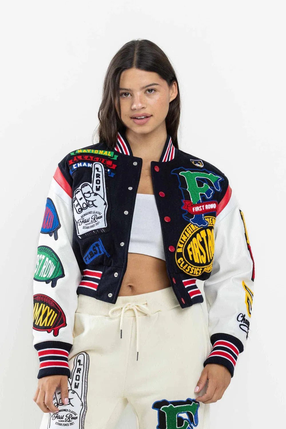 Women's First Row Championship Winner Cropped Varsity Jacket Navy