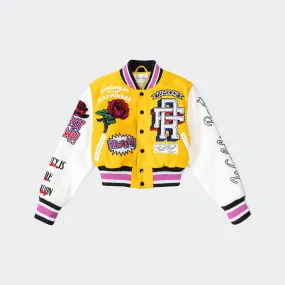 Women's First Row Flower Phwoar Cropped Varsity Jacket Yellow White