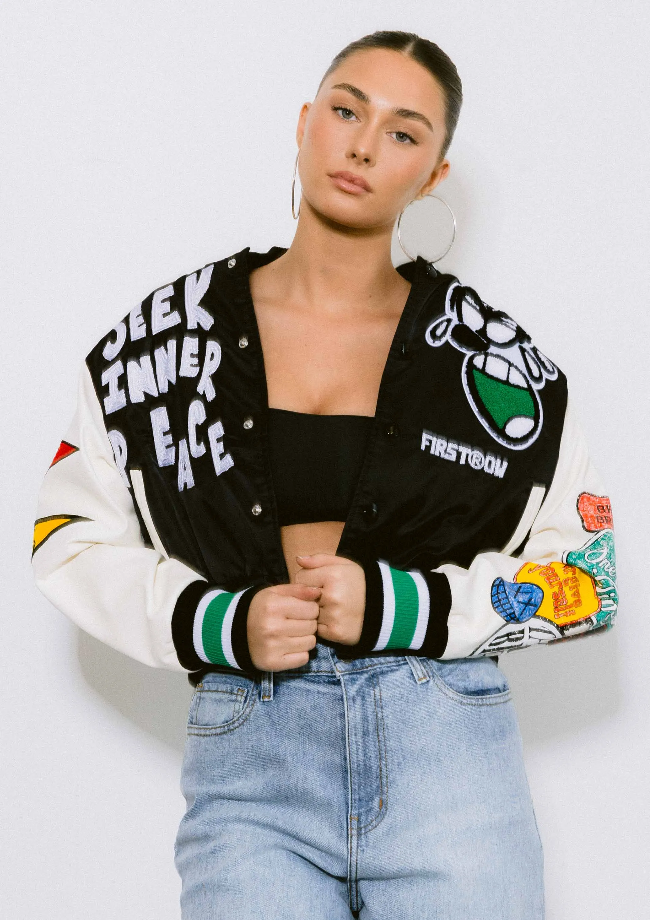 Women's First Row Spring Break Cropped Varsity Jacket Black