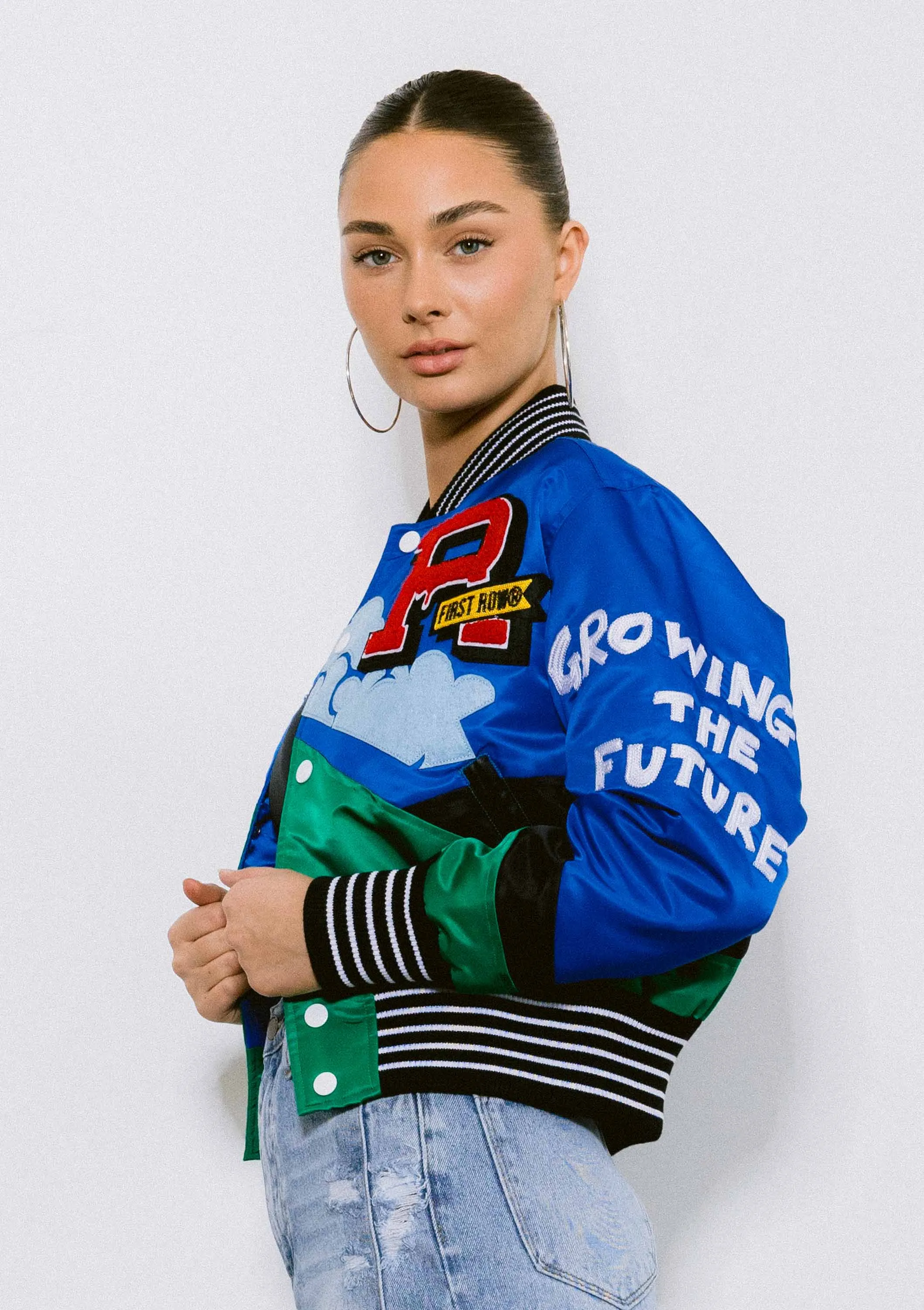 Women's First Row Think Green Cropped Varsity Jacket