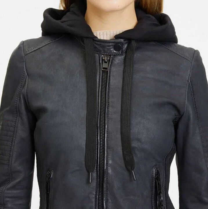 Women's gray hooded leather jacket in motorcycle style jadyn