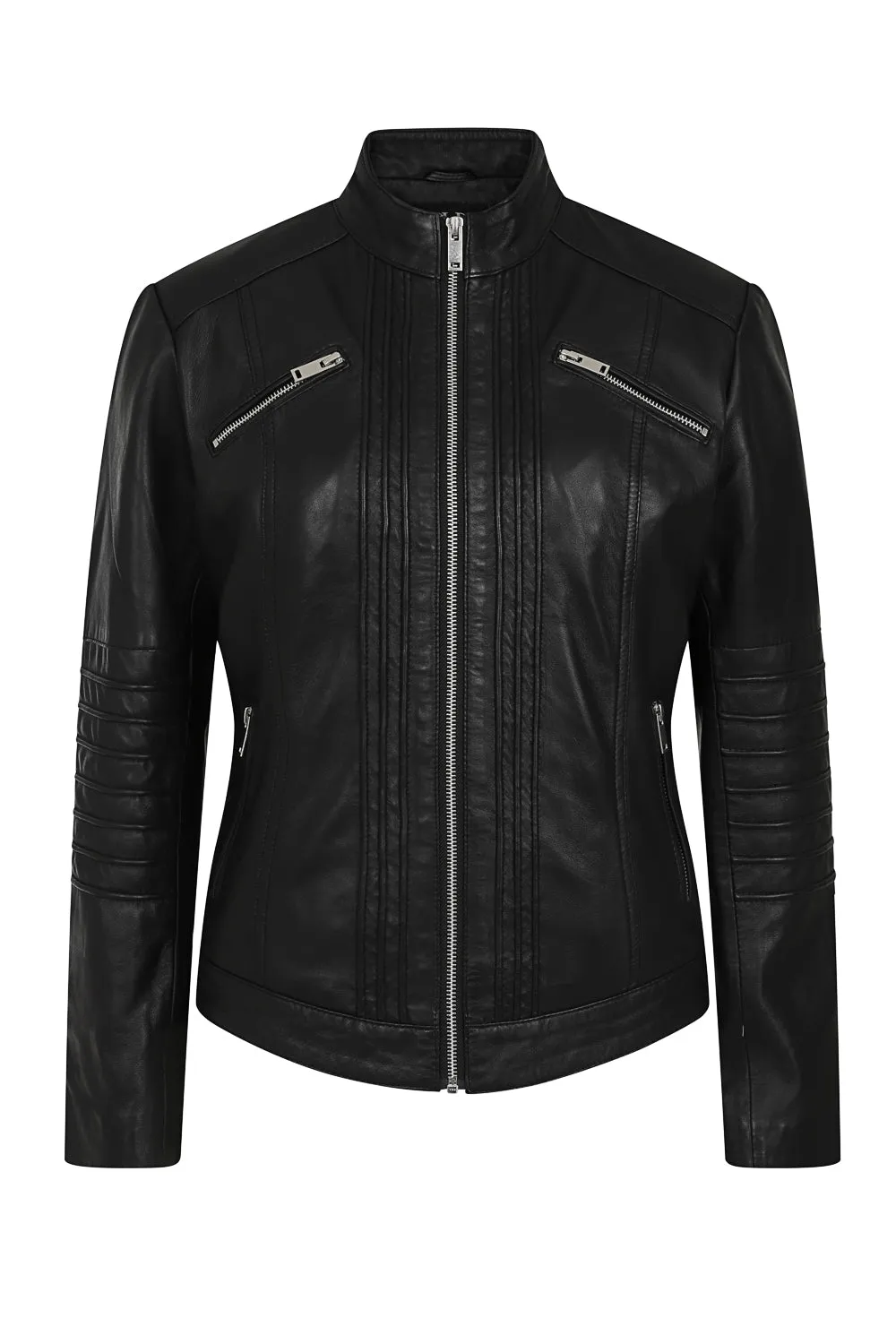 Women's Leather Biker Jacket with Stand Up Collar - ALMA