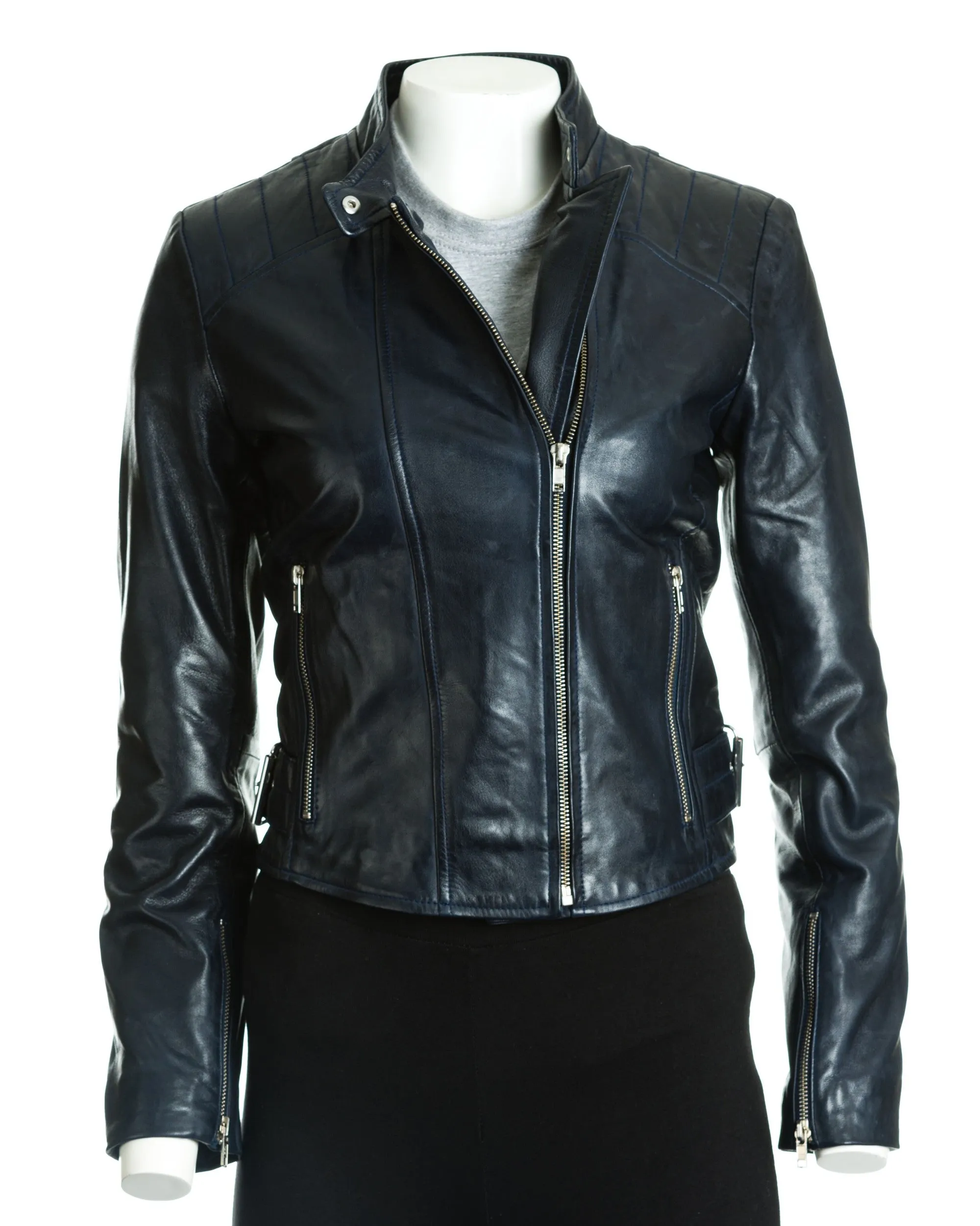 Women's Leather Tab Collar Biker Jacket: Zeta