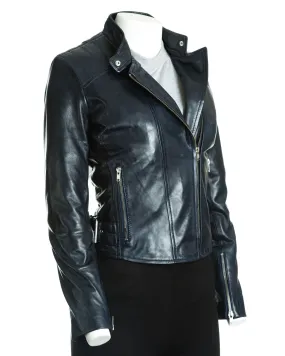 Women's Leather Tab Collar Biker Jacket: Zeta