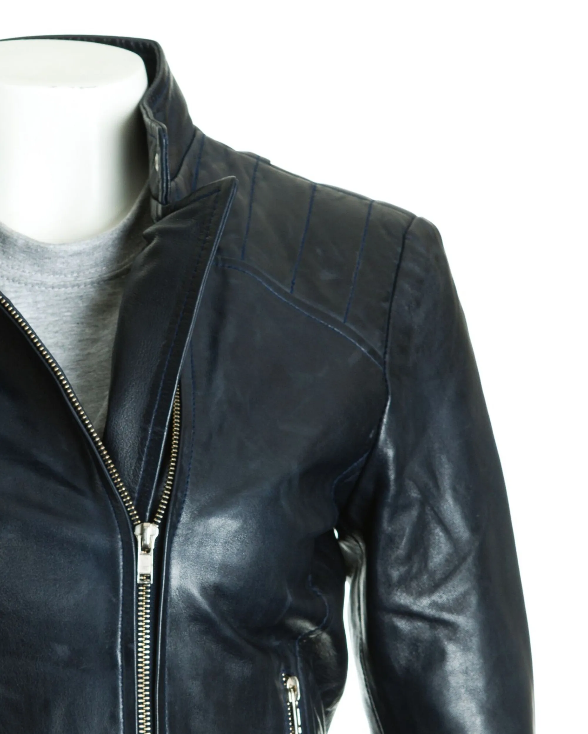 Women's Leather Tab Collar Biker Jacket: Zeta