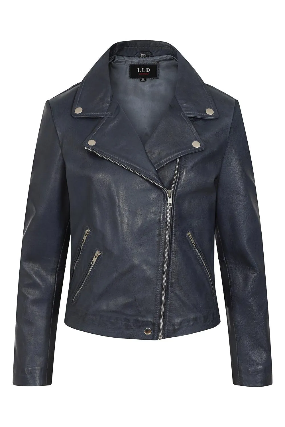 Women's Navy Blue Biker Style Real Leather Jacket - CELIA