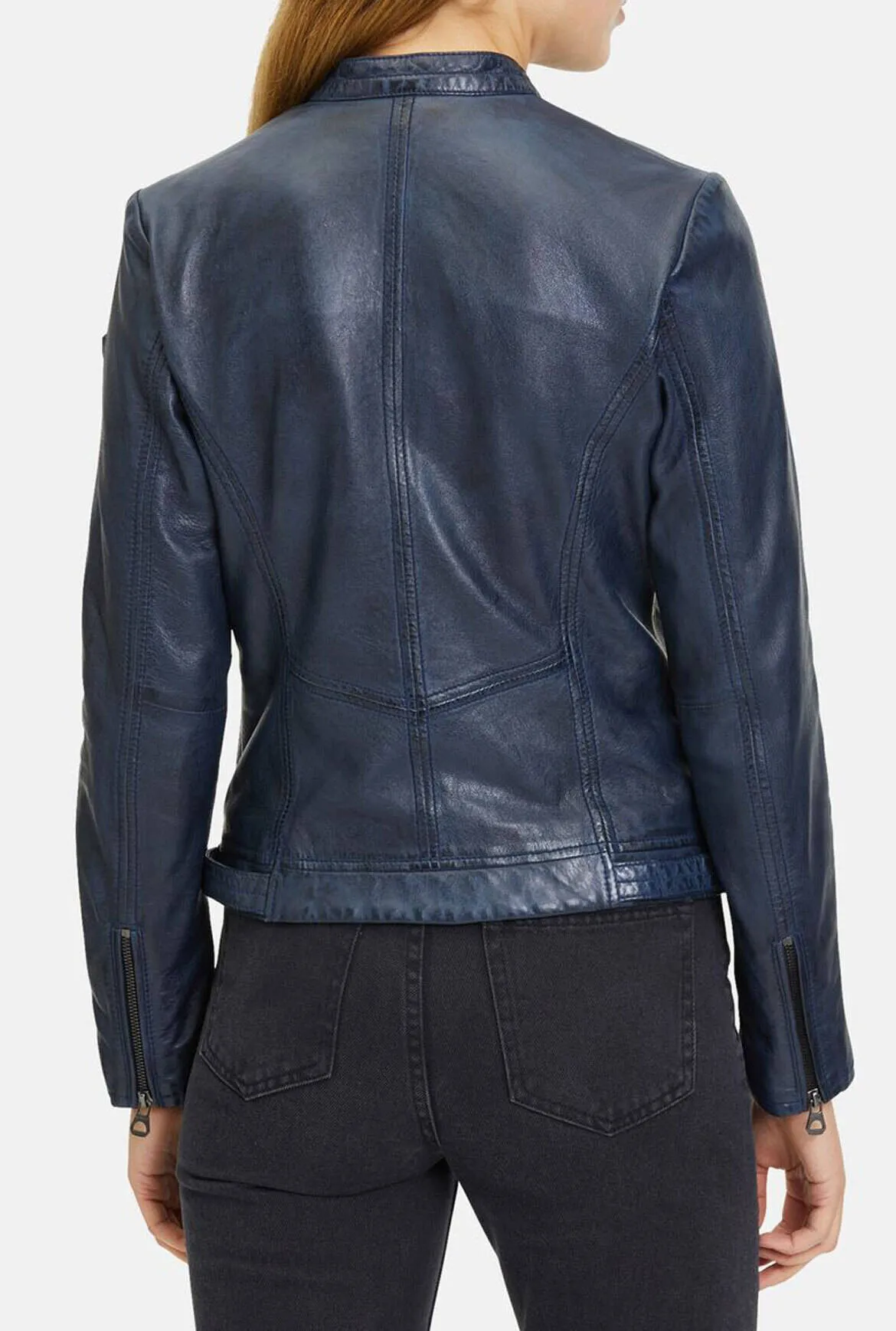 Women's navy leather jacket in motorcycle style joanne