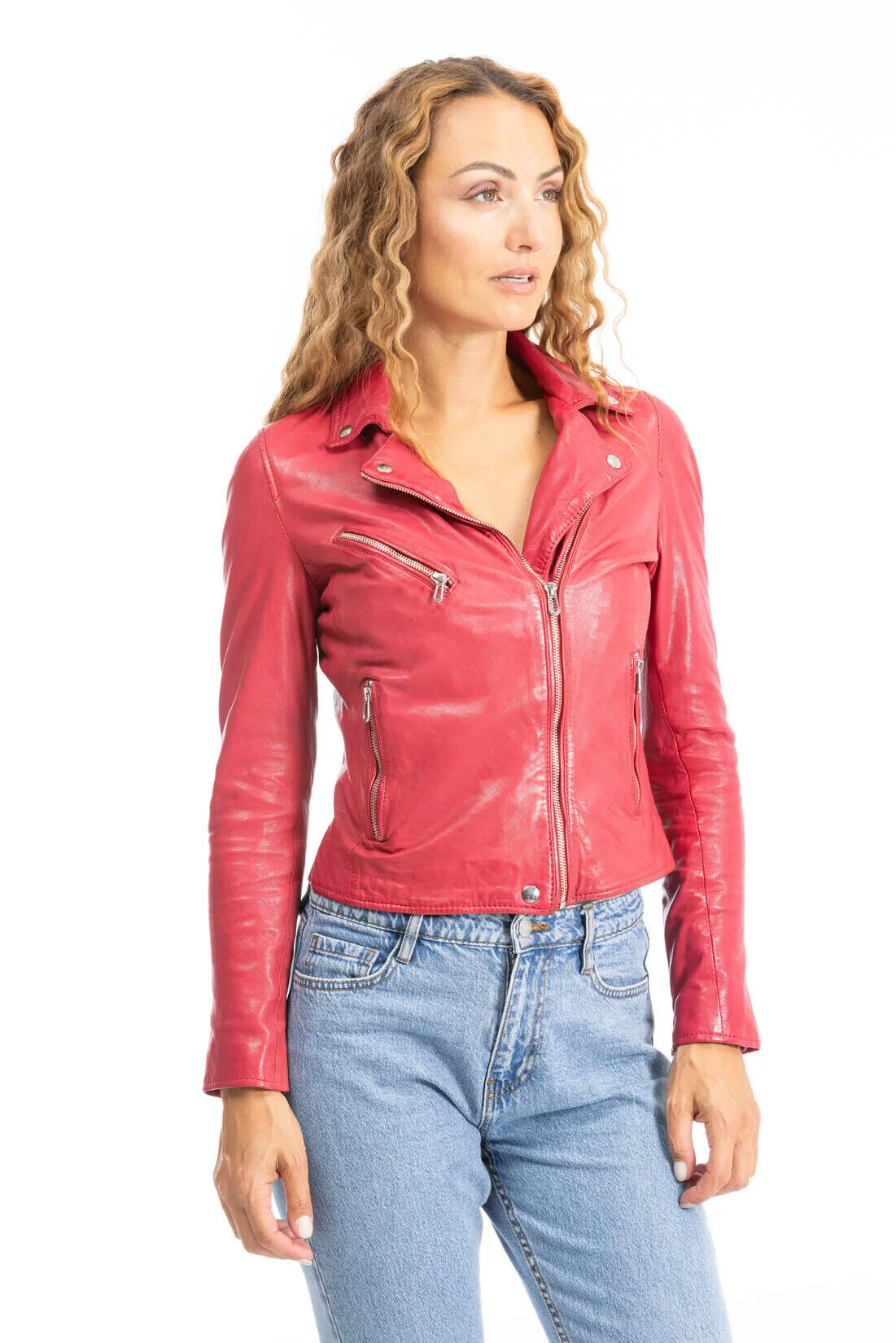 Women's raspberry olympe biker style leather jacket