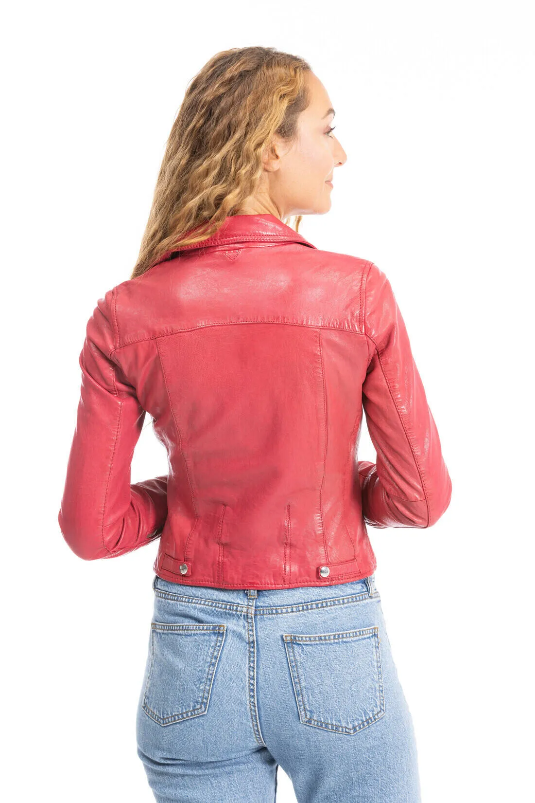 Women's raspberry olympe biker style leather jacket