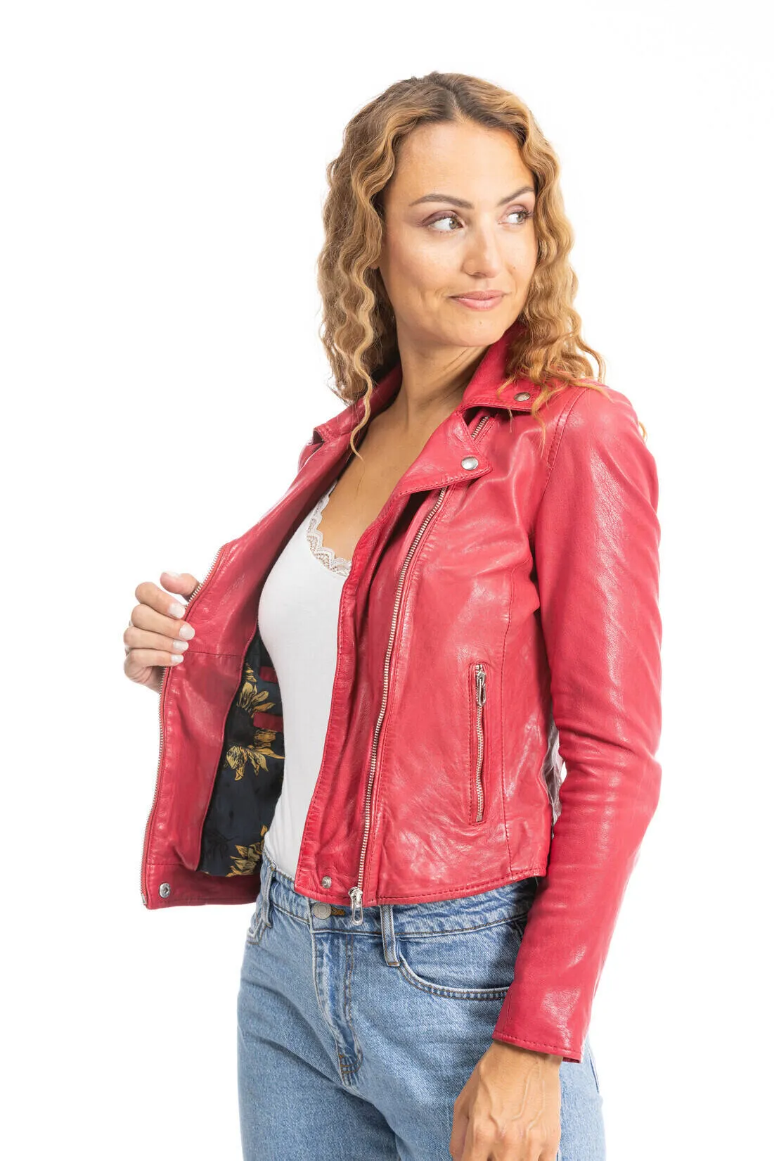 Women's raspberry olympe biker style leather jacket