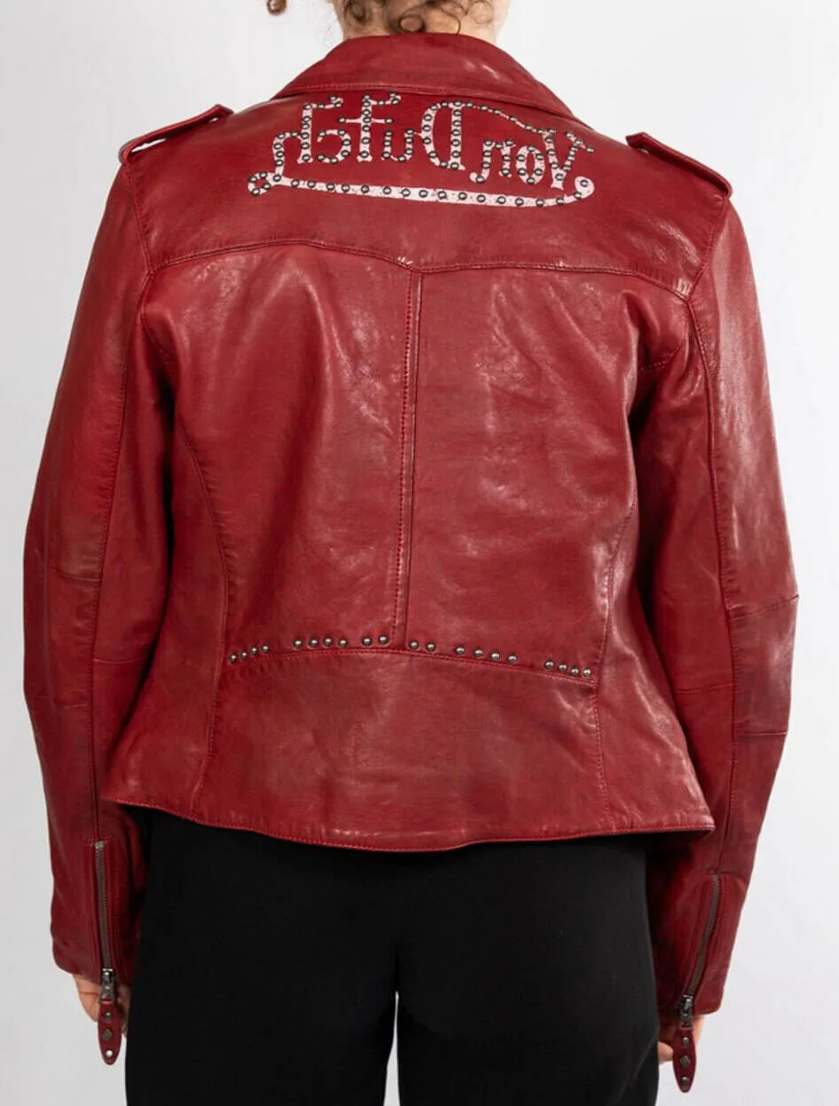 Women's red biker style rose garden leather jacket lacosta