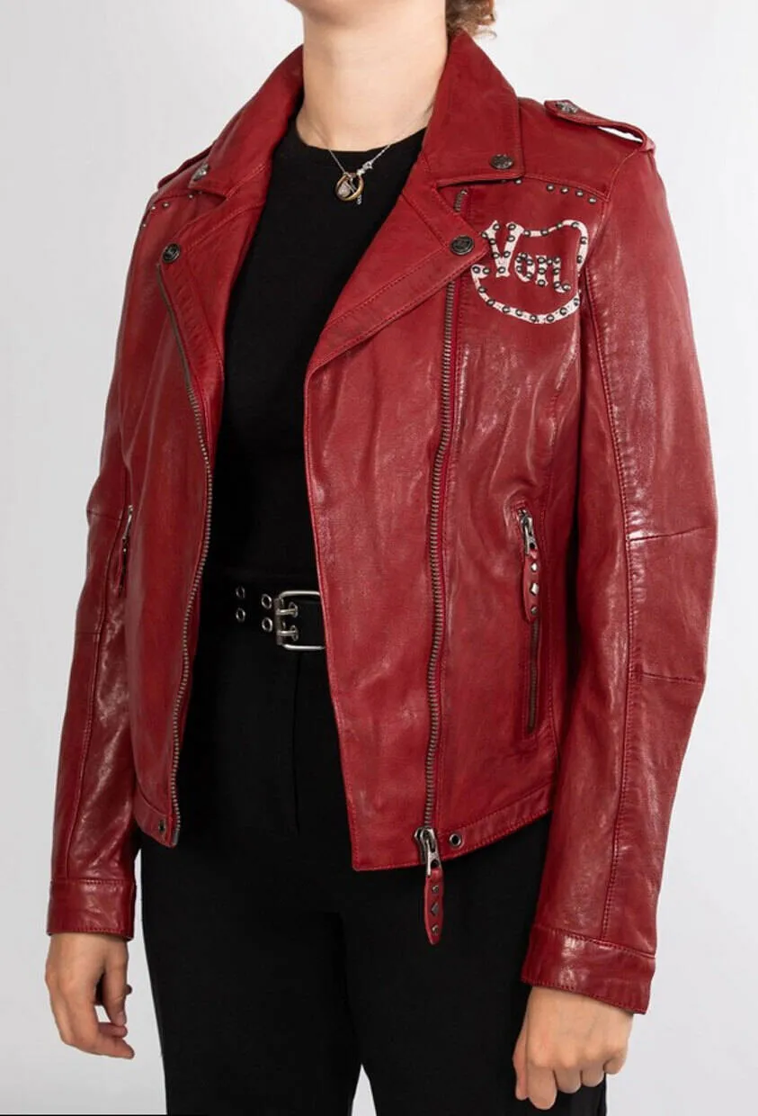 Women's red biker style rose garden leather jacket lacosta